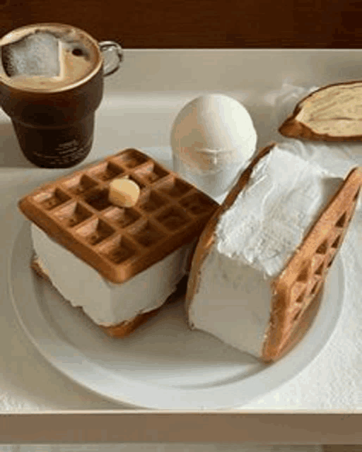 a plate of food with waffles , ice cream sandwiches , a cup of coffee and a slice of bread .