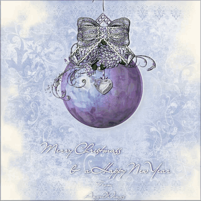 a merry christmas and happy new year card with a purple ornament