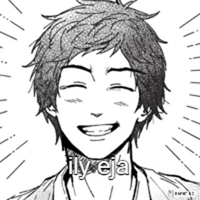 a black and white drawing of a young man smiling with the words `` ily eja '' written on it .