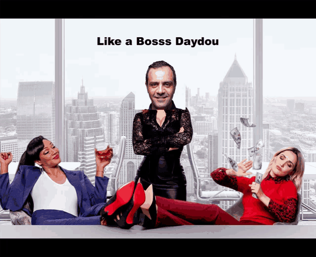 a poster for like a boss daydou shows a man and two women