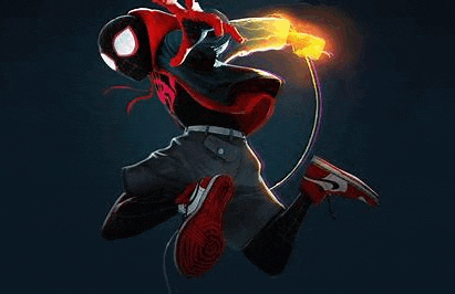 miles morales from spider-man into the spider-verse is jumping in the air while holding a fireball .