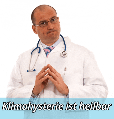 a doctor with a stethoscope around his neck and the words klimahysterie ist heilbar underneath him