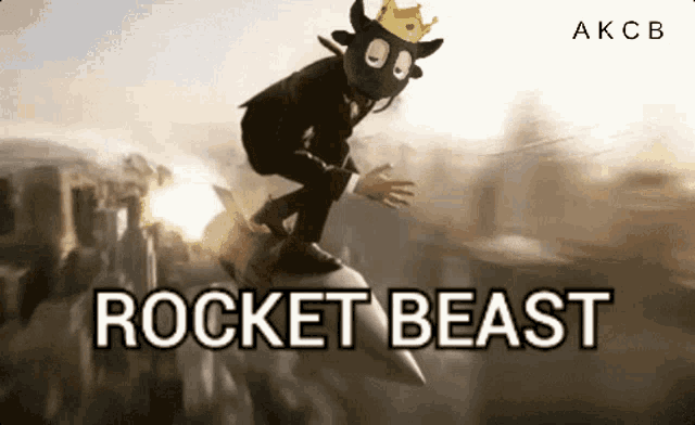 a man in a suit is riding a rocket with the word rocket beast below him