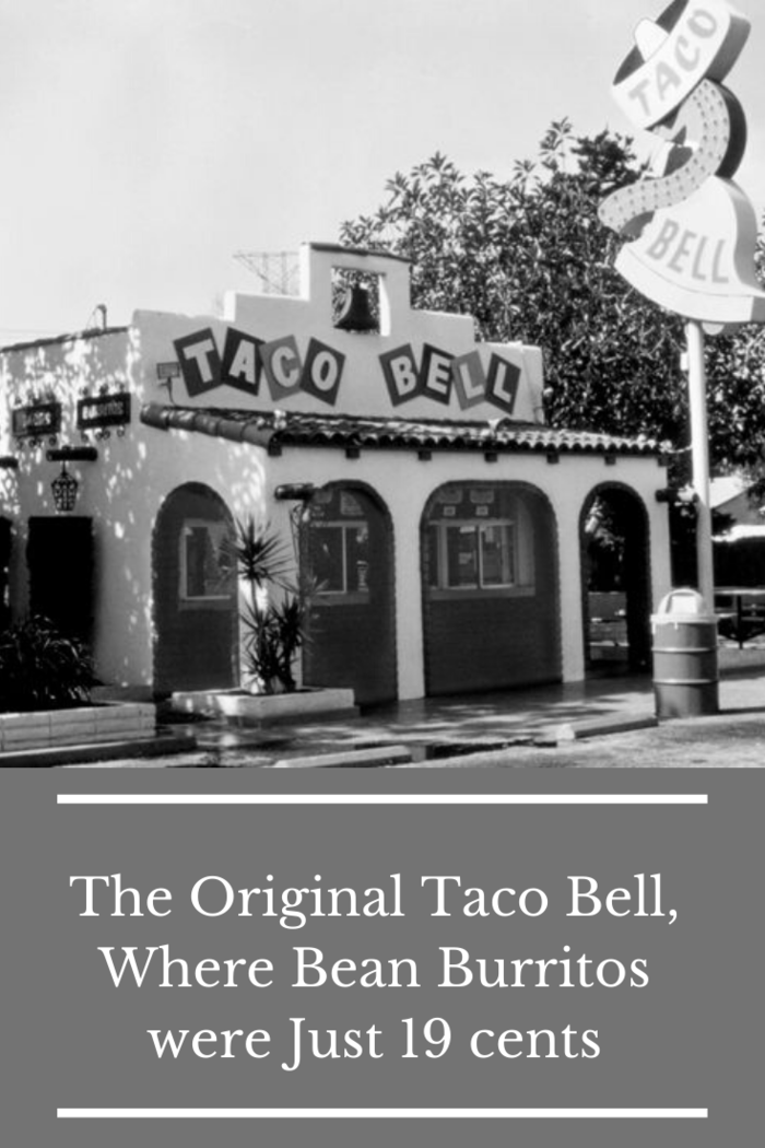 A black and white photo of the original Taco Bell restaurant, showcasing its vintage architecture, where bean burritos were just 19 cents.