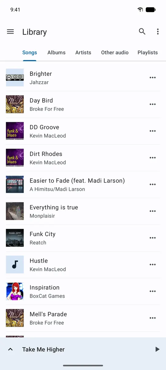 Music library on Android with songs, albums, artists, other audio and playlists