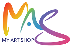 This image shows the myartshop.co.za logo in rainbow colours on a transparent back ground.