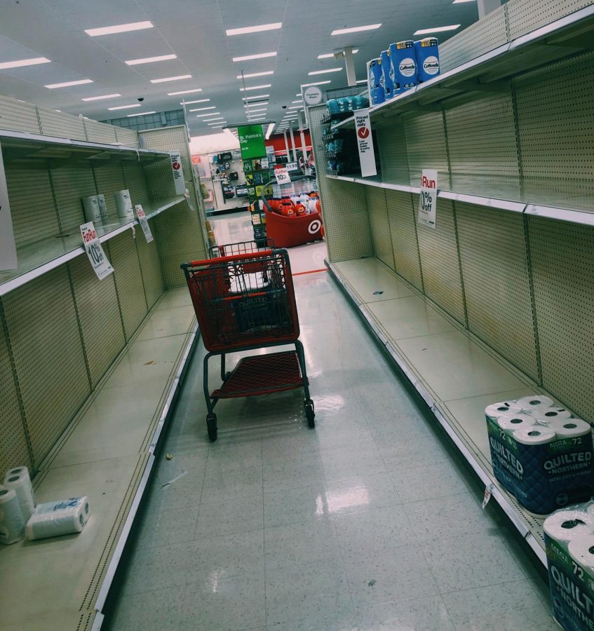 Empty shelves in the cleaning/hygiene aisles at local Target stores due to customers "panic-buying."