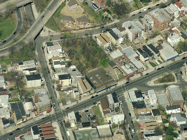 137 Jamaica Avenue (empty lot plus low-rise buildings below), overhead shot from Bing Maps