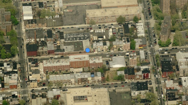 Block bounded by Myrtle, Marcy, Stockton, and Tompkins, with the project being developed on the western portion. Image from Bing Maps.