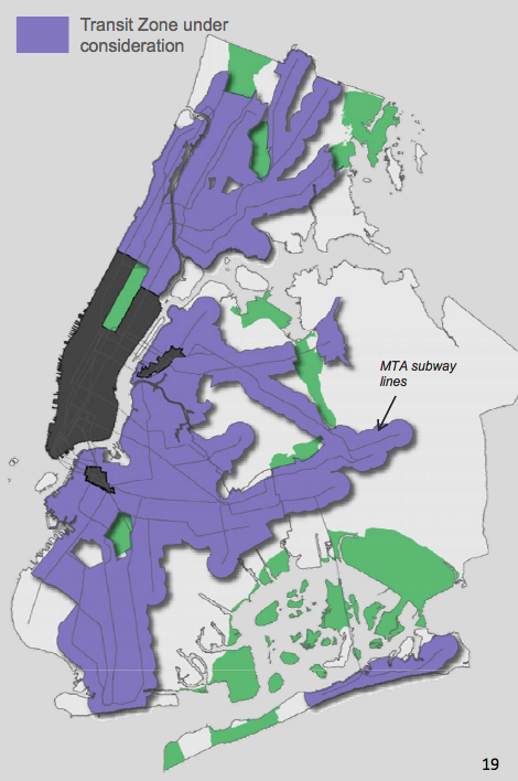 Where in the city parking requirements would be dropped (but only for subsidized units). Map by the Department of City Planning.