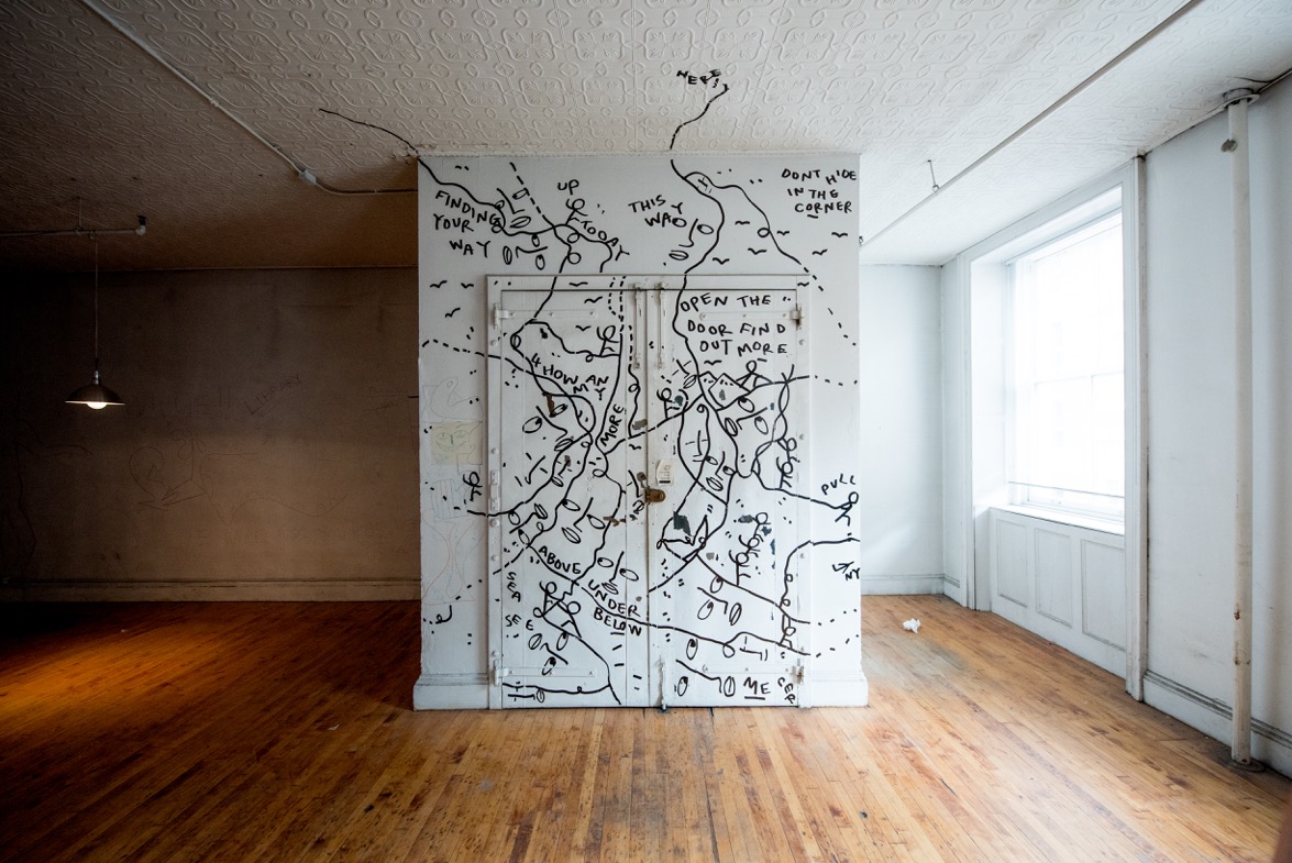 Shantell Martin's work on a fourth floor elevator at 25 Mercer Street. Credit: Roy Rochlin