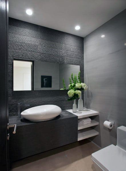 modern bathroom black cabinet white sink 