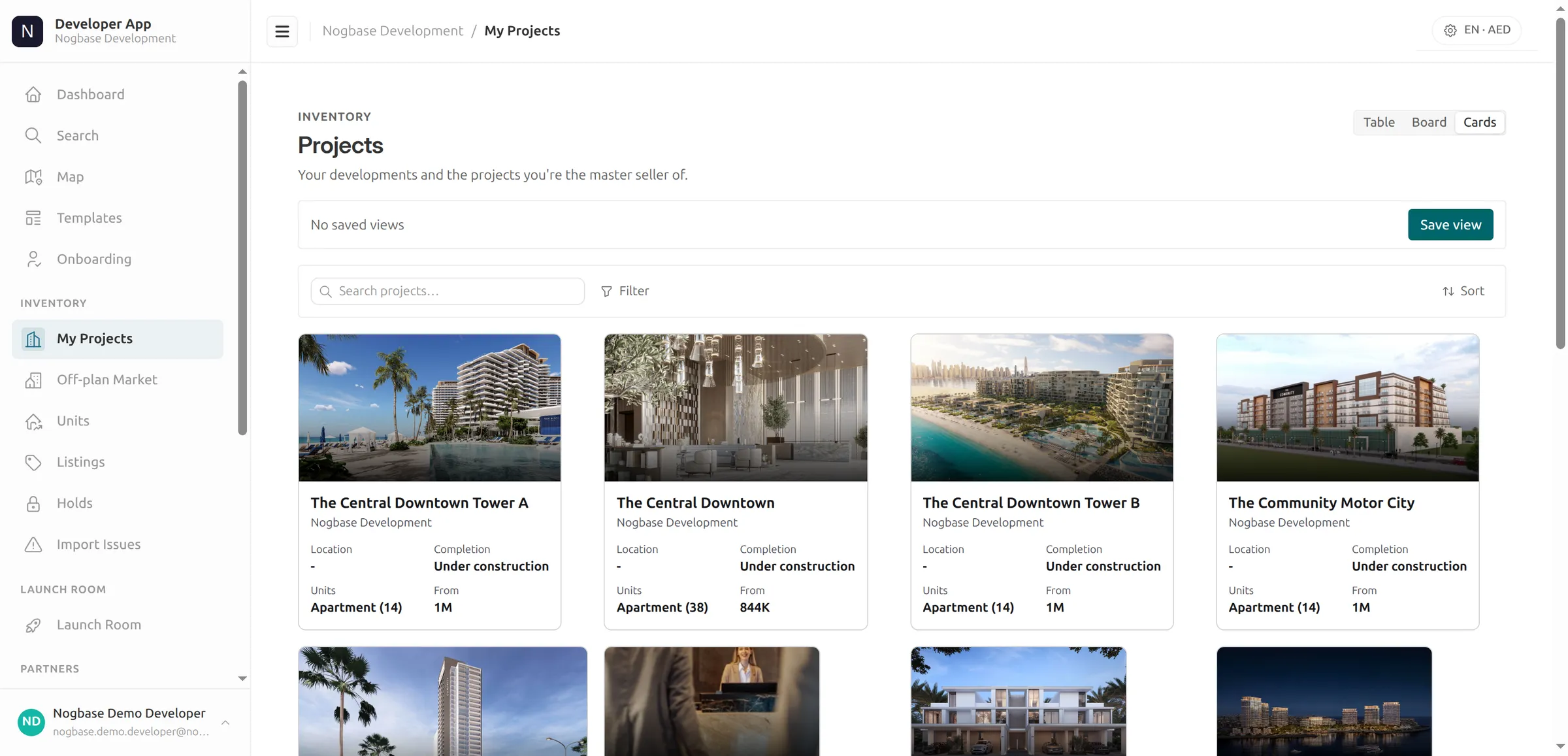 Nogbase Developer App — live off-plan project inventory with renders, unit counts, and starting prices
