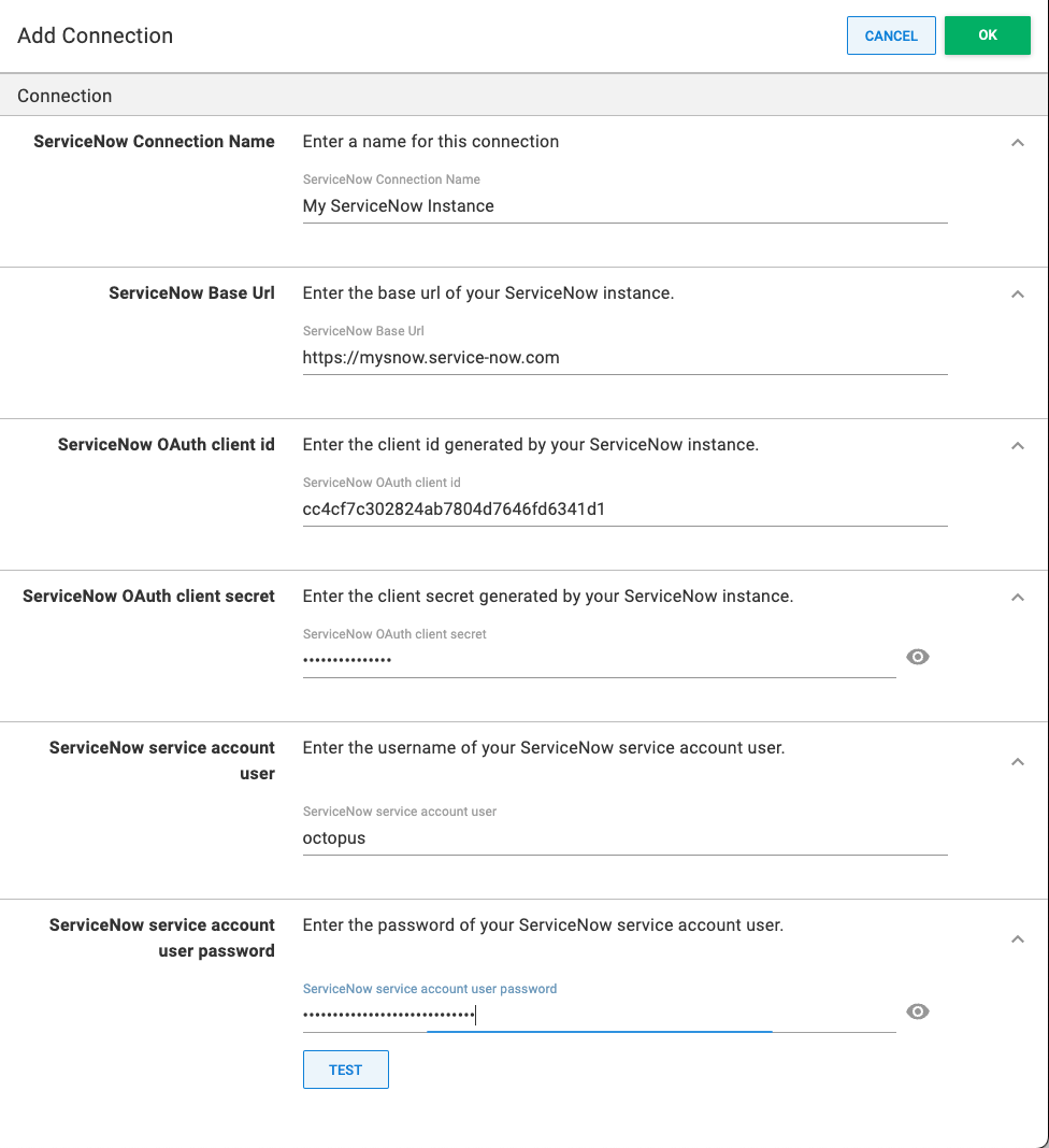 ServiceNow Integration Add Connection