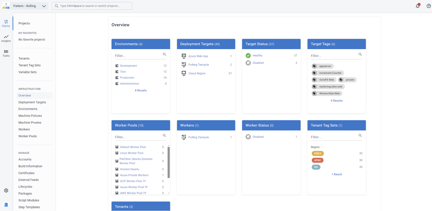 The infrastructure tab of Octopus Deploy