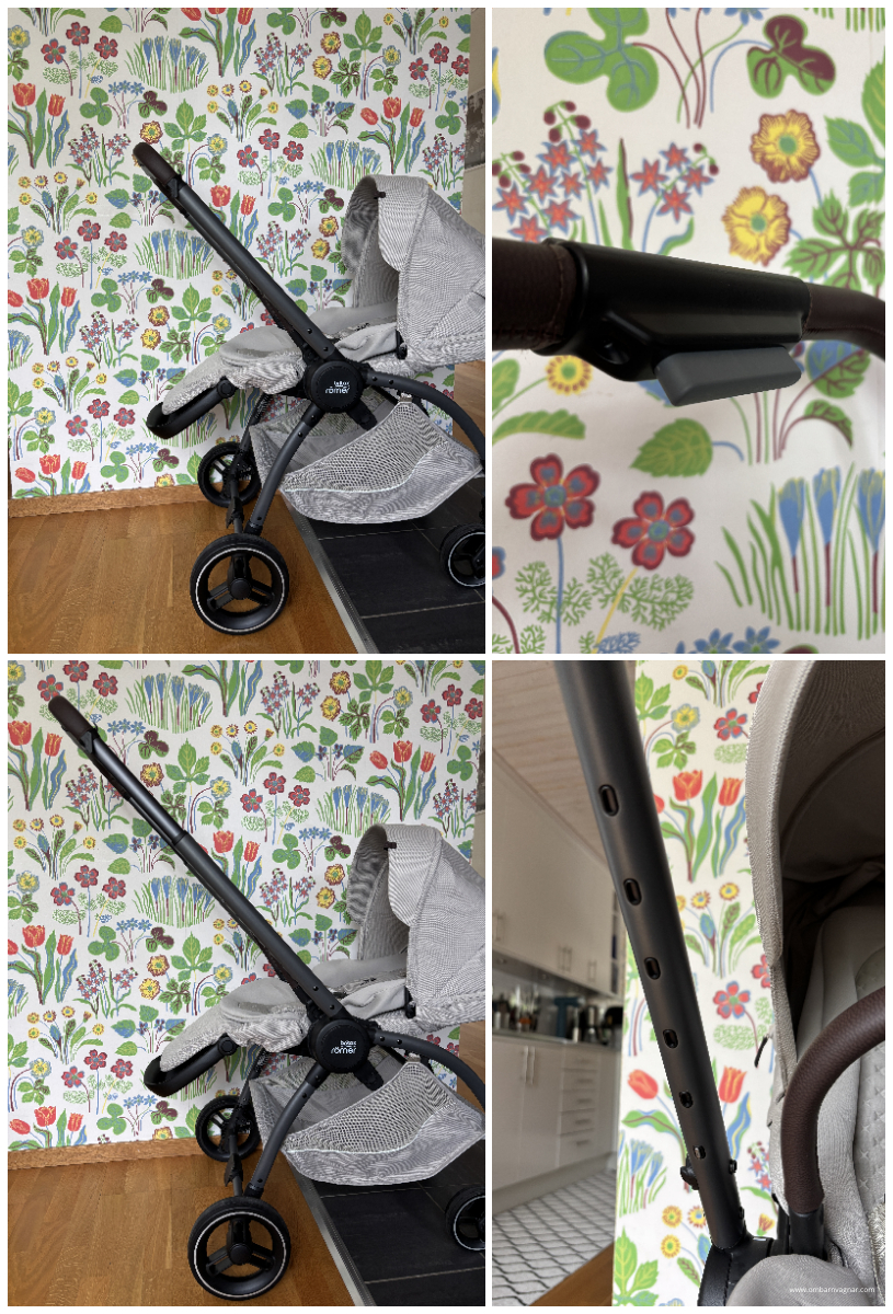 Enkelt höj- och sänkbart teleskophandtag på Britax Rio.