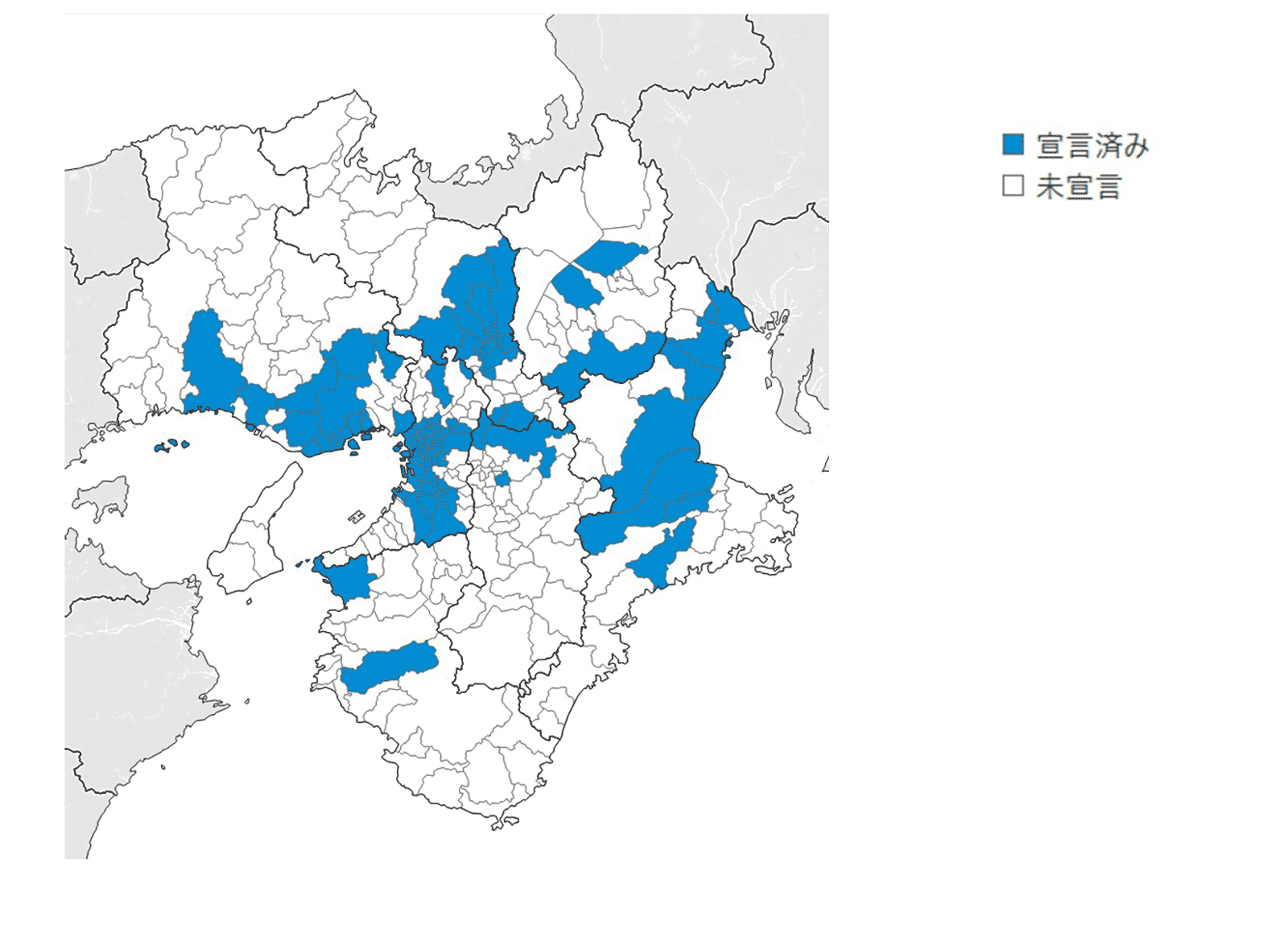 現在のデコ活宣言済みの近畿地方の地図
