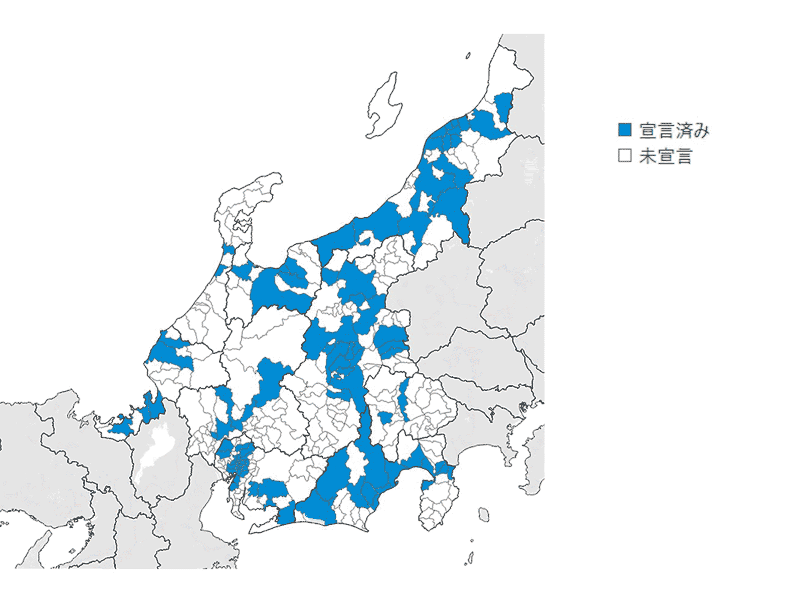 現在のデコ活宣言済みの中部・北陸地方の地図