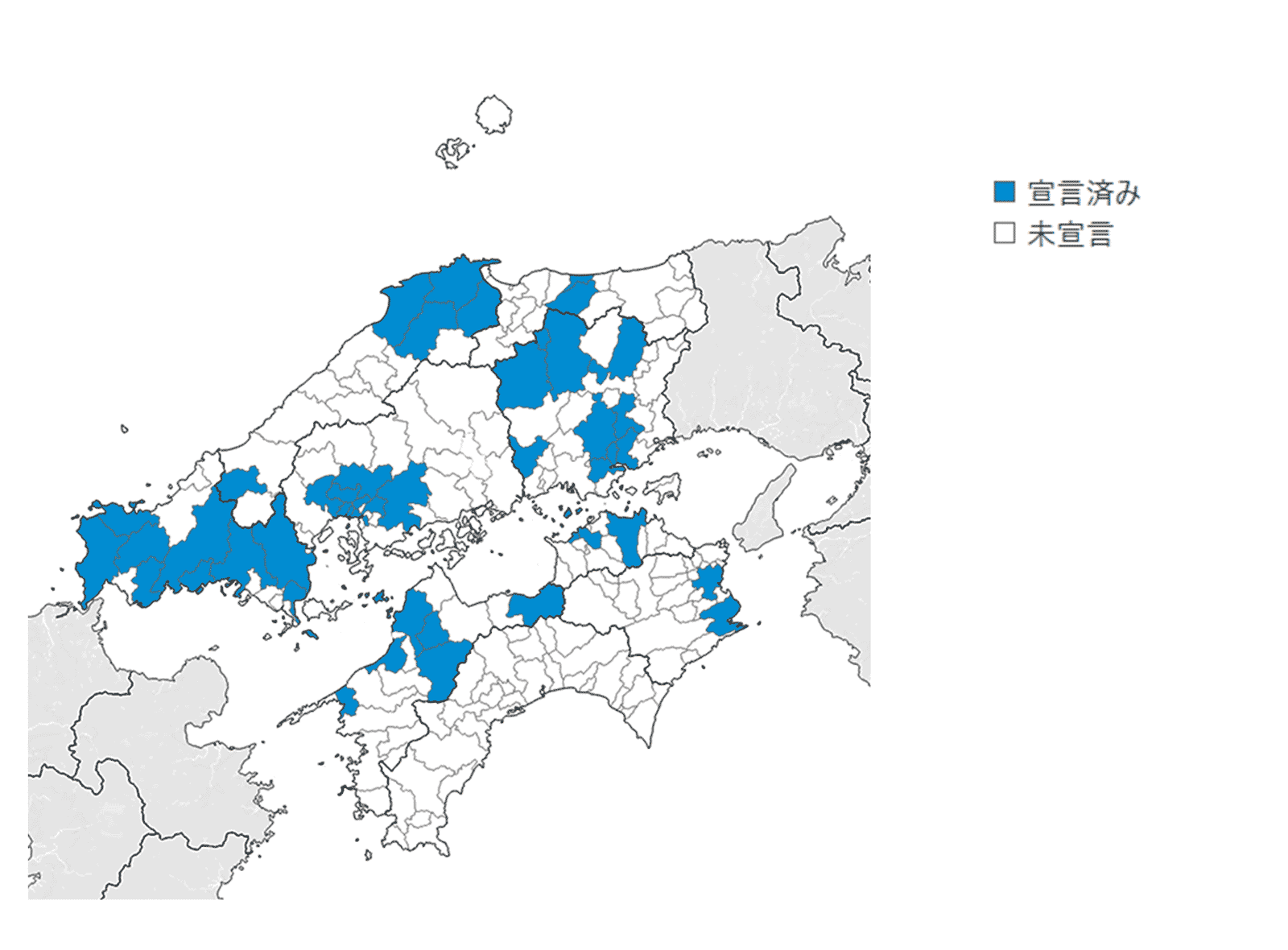 現在のデコ活宣言済みの中国・四国地方の地図