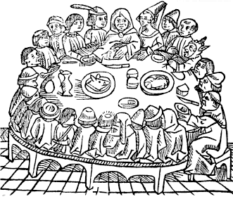 Black and white drawing of about two dozen people in late medieval dress sitting on benches around a round table toppes with food and drink.