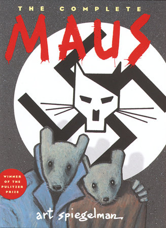 Book cover showing an anthropomorphic mouse in a blue coat with his arm around a smaller anthropopmorphic mouse in a brown sweatshirt.  Behing them is a Nazi swastika with an angular cat face in the middle. The title 'THE COMPLETE MAUS' appears in the upper cover, with 'MAUS' appearing in red crude paintbrush-like strokes. The author's name 'art spiegelman' appears in script near th4e bottom of the cover.  A small red circle near the lower left corner contains the text 'WINNER OF THE PULITZER PRIZE'.