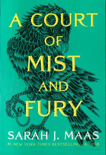 Book cover showing a bird looking back over its left shoulder, on a blue background. The bird holds a ring in the talons of its right foot.  The title 'A Court of Mist and Fury' is superimposed in yellow text over the bird, and on the bottom of the page appears 'SARAH J. MAAS / #1 NEW YORK TIMES BESTSELLING AUTHOR'. The publisher name 'BLOOMSBURY' appears in faint gray in the lower right corner.