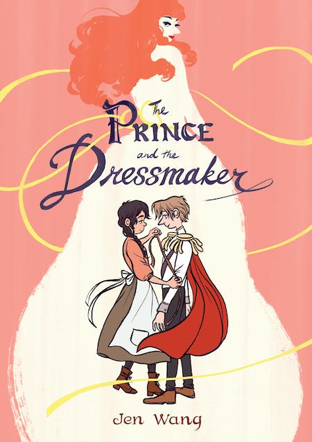 Book cover showing a figure with long red hair and the silhouette of a white dress.  Within the silhouette, a young girl holds a measuring tape in front of a prince in a dress uniform.  Above them appears the text 'The Prince and the Dressmaker'; below them appears the text 'Jen Wang'.