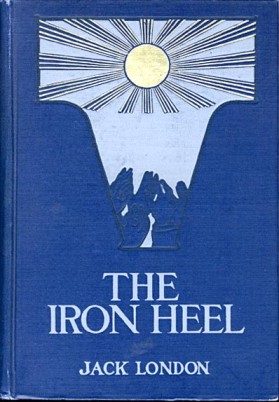 Blue book cover with a sun emanating rays at the top, and at the bottom the text 'The / Iron Heel / Jack London'.