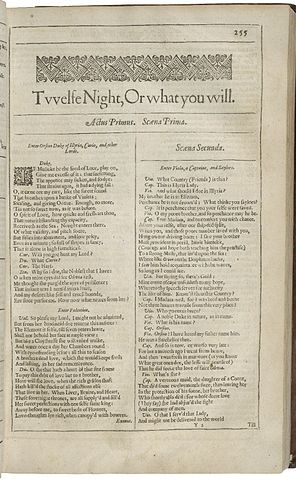 Antique-looking printed page with '255' in the top right corner, a decorative heading, and below that 'Tvvelfe Night, Or what you will.' Below that the start of the script of Shakespeare's play Twelfth Night is printed in two columns.