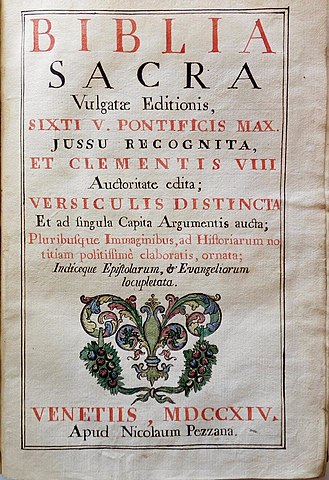 Title page of a book printed in red and black text.  The top lines read 'BIBLIA / SACRA /  Vulgatae Editionis'. Near the bottom is a full-color botanic-style decoration, above the text 'VENETIIS , MDCCVIV / Apud Nicolaum Pezzana