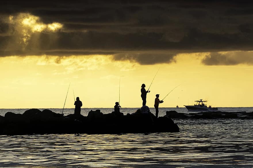 sunrise, fishing, fisherman, beach, water, sky, nature, sun, landscape, morning, people