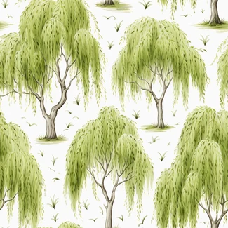 A seamless pattern of willow trees in watercolor on a light green and white background.