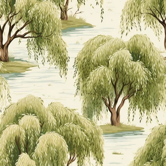 A seamless wallpaper pattern of willow trees and a river in shades of green and beige