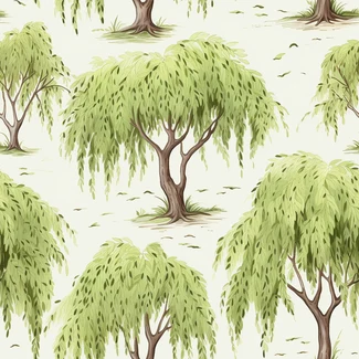 A seamless pattern of weeping willow trees and bushes in light beige and green.