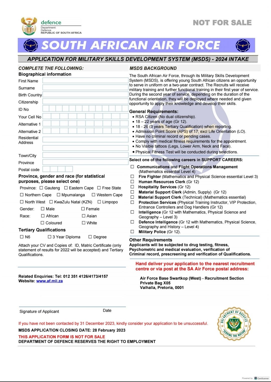 South African Air Force Application Form 2023 - Printable Forms Free Online