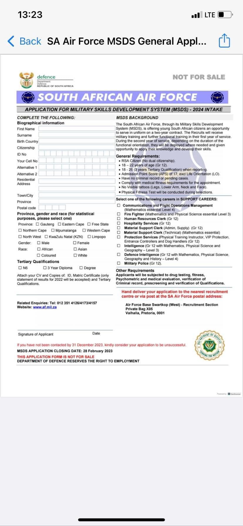 South African Air Force Application Form 2023 - Printable Forms Free Online