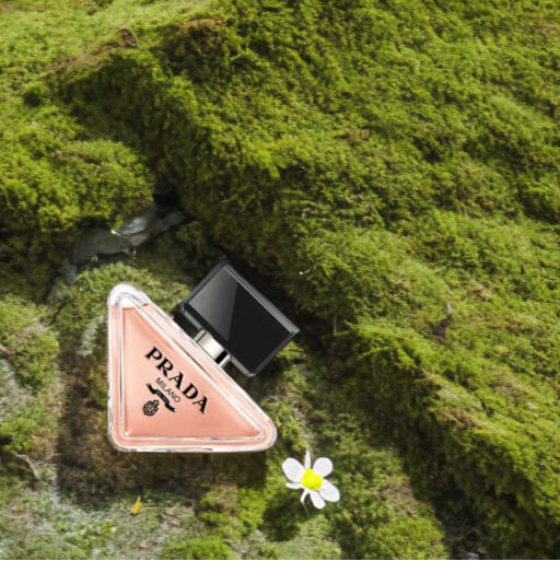 A photo of Prada Paradoxe on moss, beside a small white flower