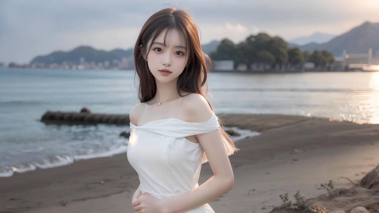 AI绘画 海边美女 白色裙子 4k壁纸