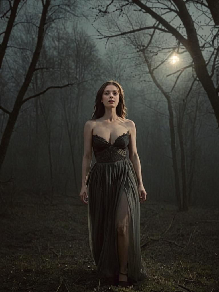 Elegant Woman in Dark Dress in Moonlit Forest