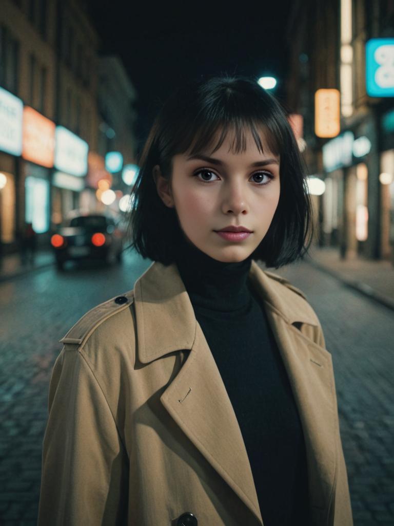 Stylish Young Woman in Trench Coat at Night