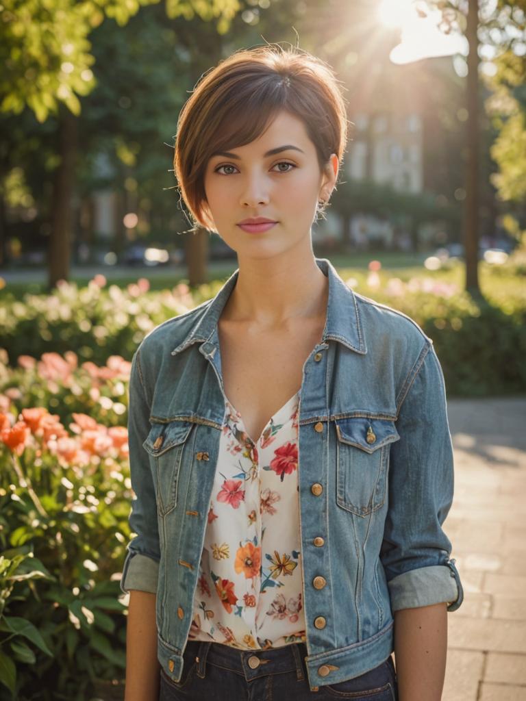 Stylish Woman Outdoors in Denim Jacket and Floral Blouse