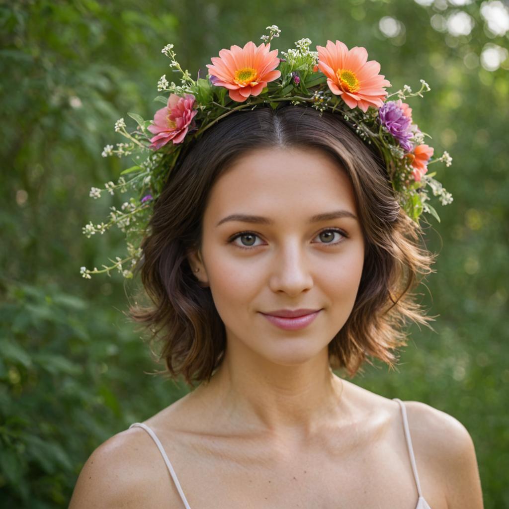 Whimsical Woman with Floral Crown in Nature