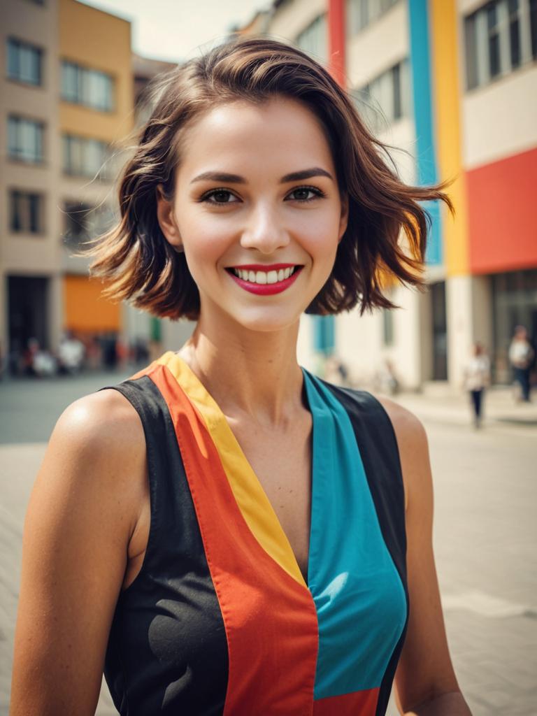 Smiling Woman in Multicolor Dress