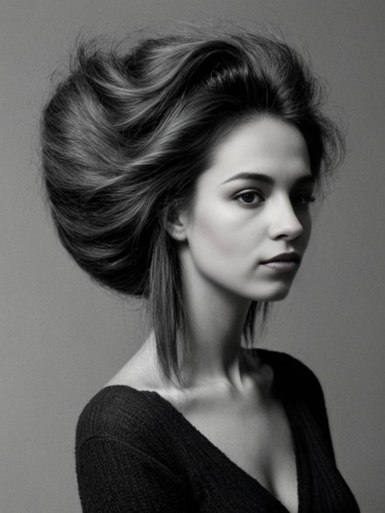 Monochrome Portrait of Serene Woman with Windswept Hair