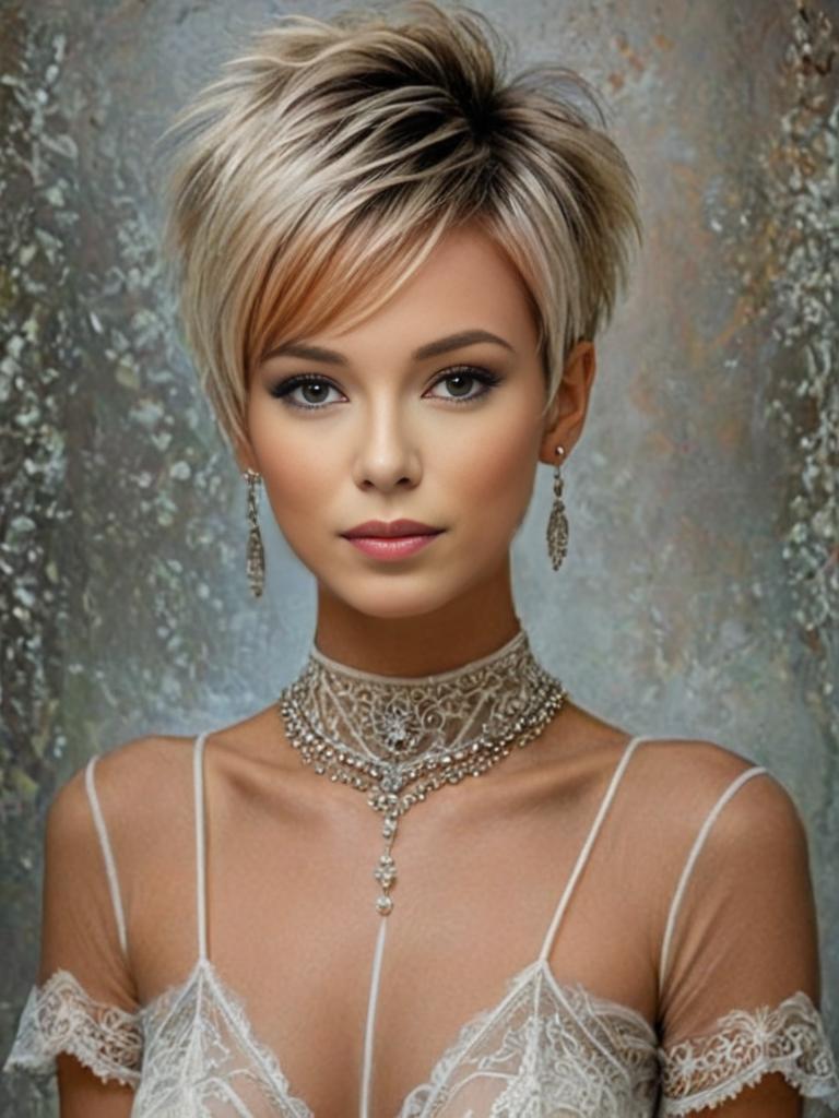 Stylish woman with pixie haircut in lace outfit