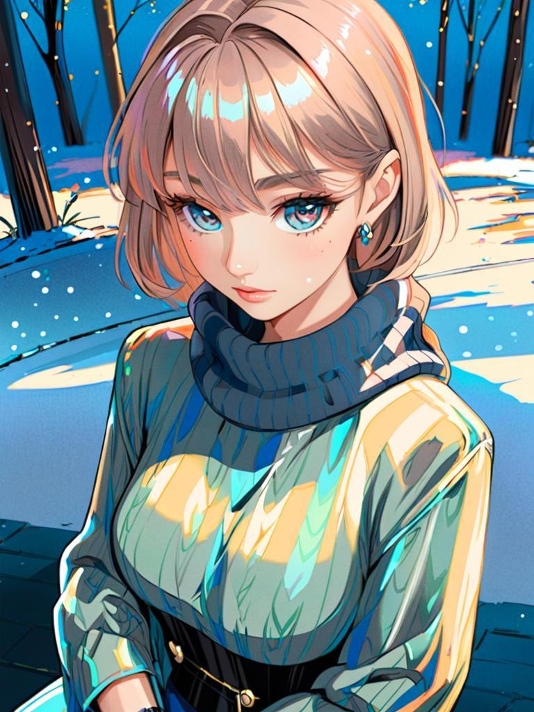 Anime-style winter illustration of a young woman with blonde hair in a snowy landscape