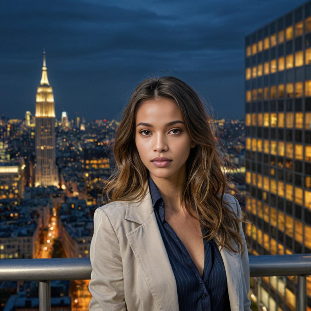 Woman on Rooftop with Cityscape at Night