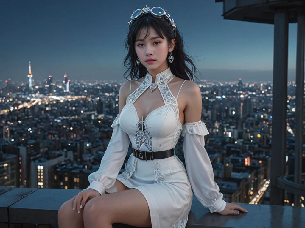 Elegant Woman in White Dress Overlooking City at Twilight