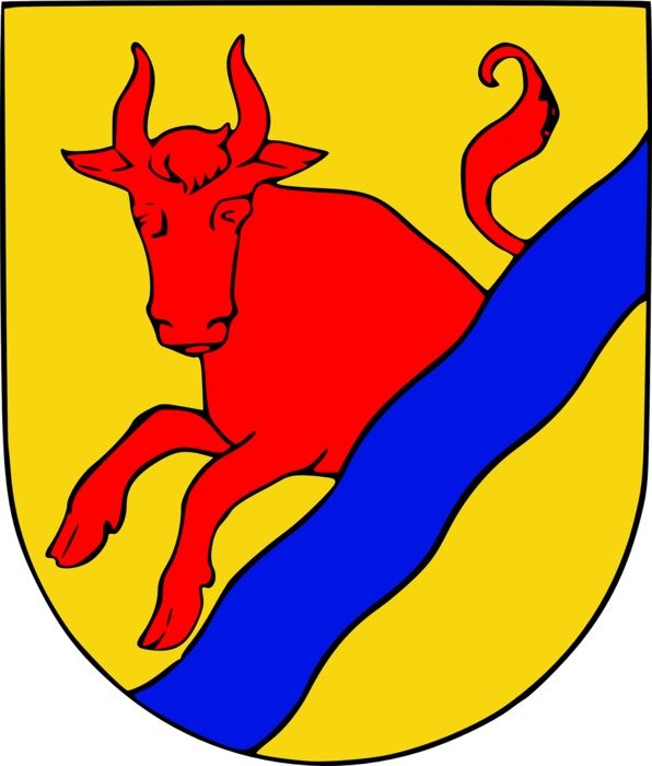 Yellow,blue and red coat of arms