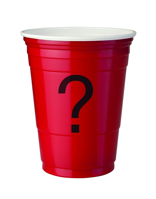 red plastic cup with a question mark